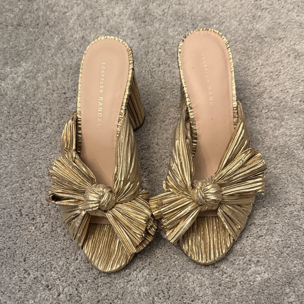 Loeffler Randall Metallic Gold Knotted Pleat Mule Heels